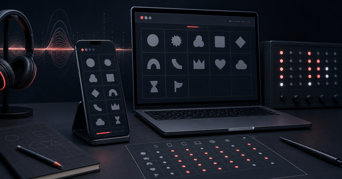 Original editorial illustration of a multi-device emoji-readiness and accessibility testing lab